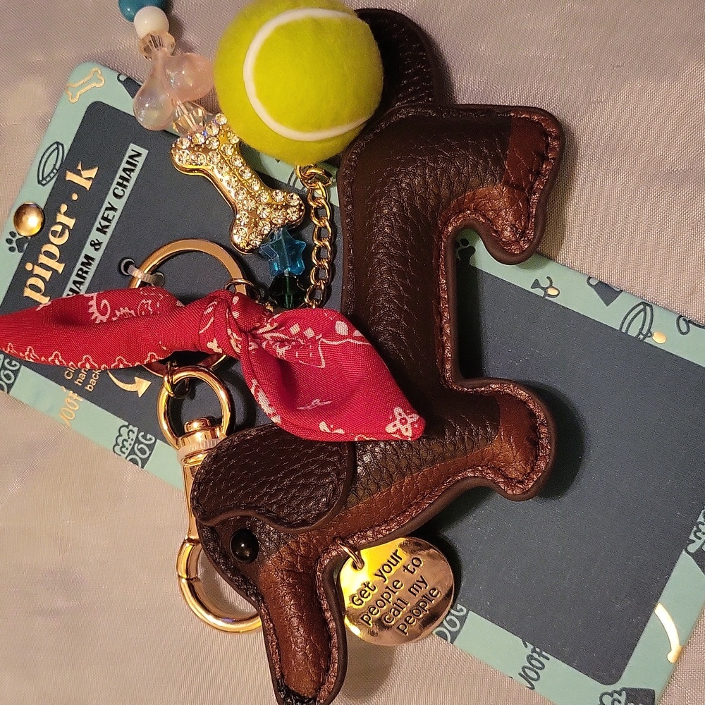 Piper K Dachshund Dog Keychain with Red Bandana, Ball, Bone HL Te